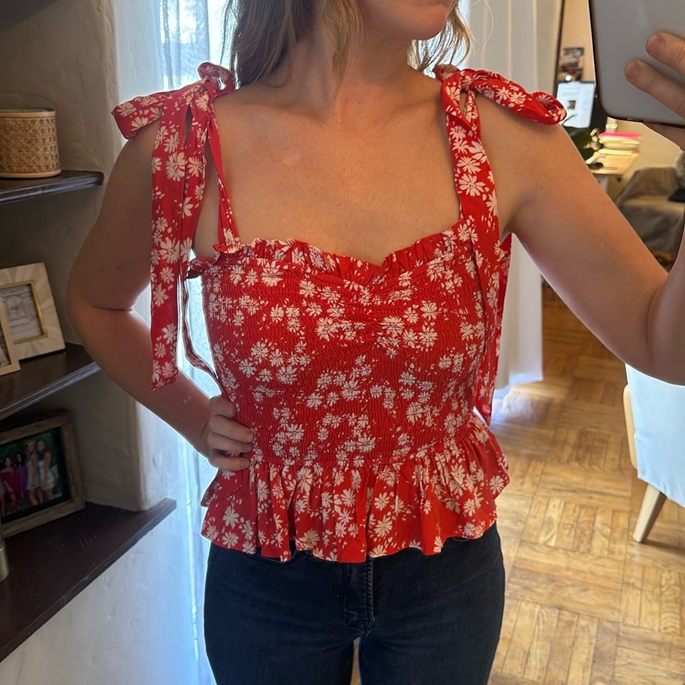 Yumi Kim red white floral smocked windswept red moon river top with tie straps